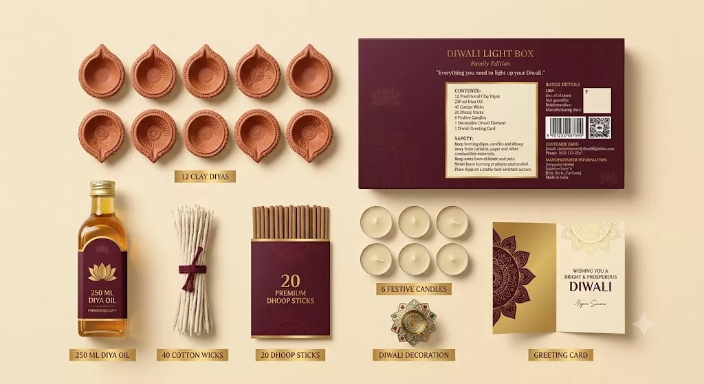 Diwali Light Box items flat lay